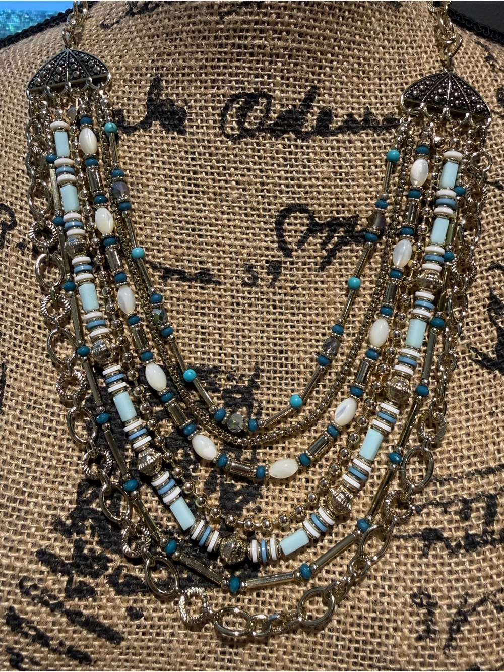 Premier Designs Layered Turquoise, White & Gold Multi-Strand Necklace